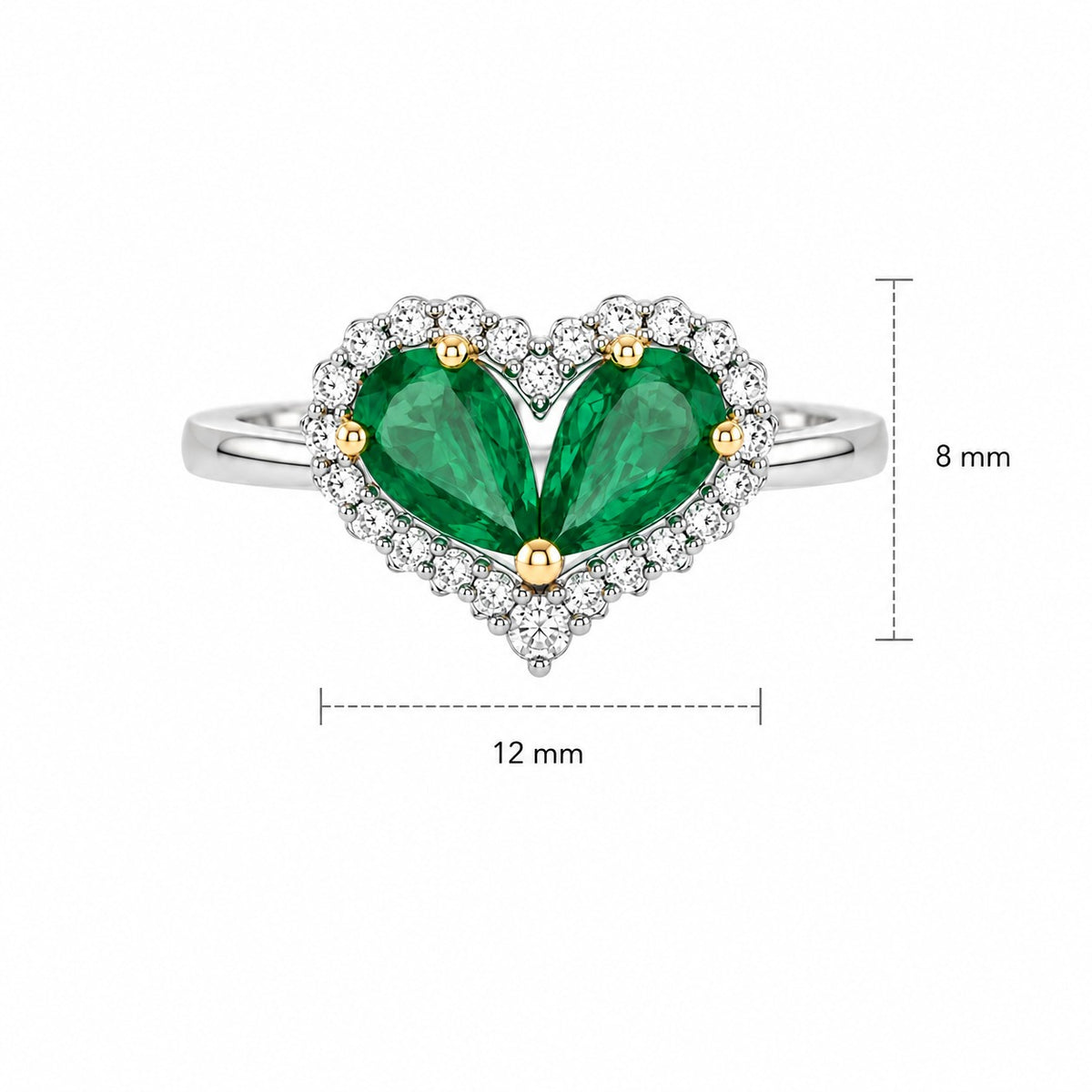 Heart-shaped ring with green pear-cut stones, white halo accents, and a polished white metal band.