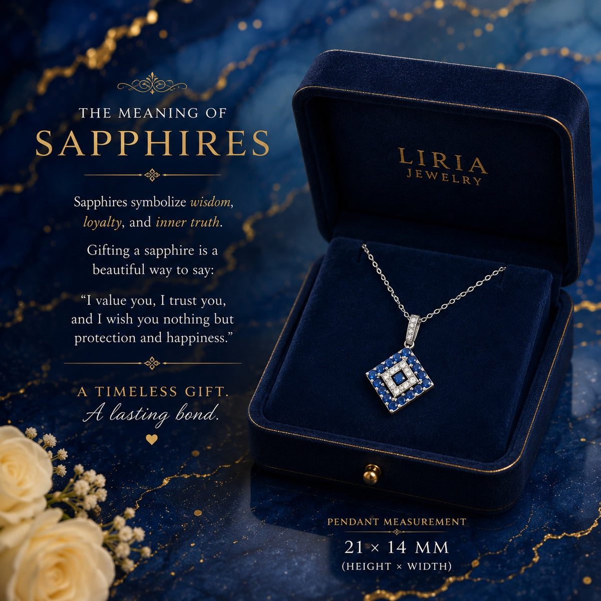 A square sapphire pendant necklace displayed in an open dark blue jewelry box on a dark blue textured background with decorative text and flowers. The box interior is lined with dark blue velvet and has 'LIRIA JEWELRY' printed in gold.