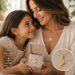 18K yellow gold four-leaf clover pendant necklace featuring brilliant round and baguette-cut diamonds on a delicate gold chain.
