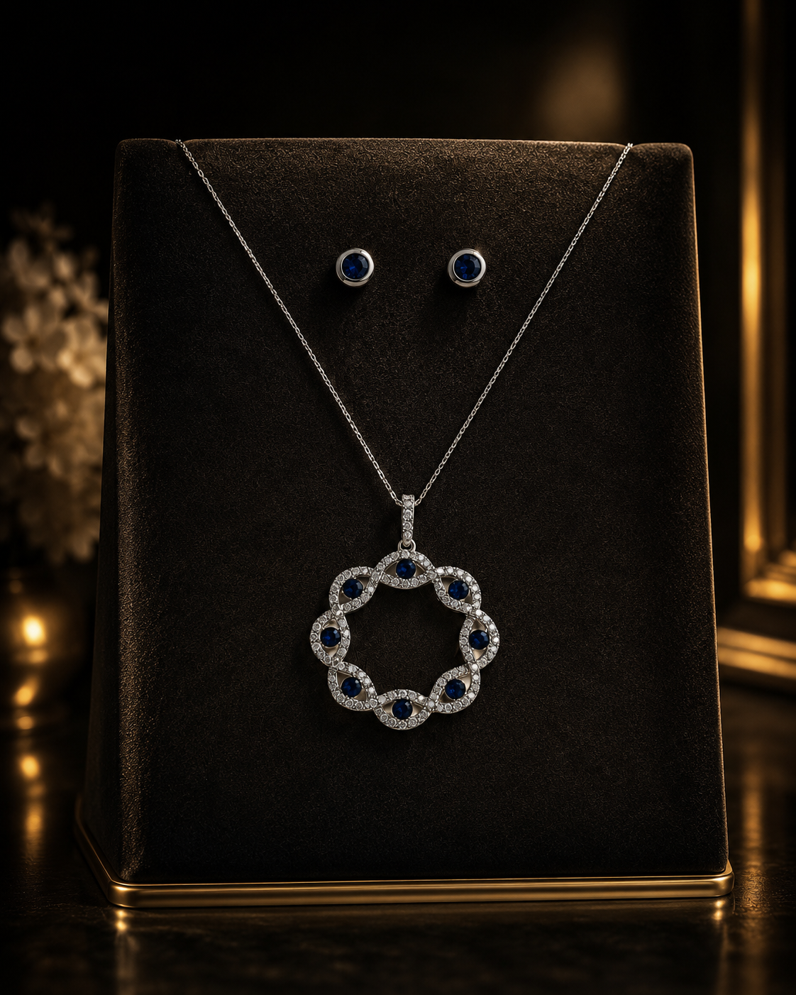 A Liria Jewelry set crafted in 14K white gold, featuring a pendant necklace and matching stud earrings accented with deep blue gemstones, elegantly displayed on a dark marble surface beside a black Liria Jewelry branded jewelry box.