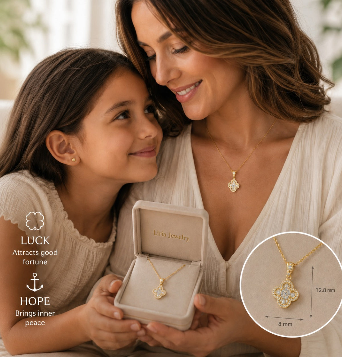 A woman and a young girl both wear matching gold clover-shaped pendant necklaces, while the woman holds an open jewelry box displaying a matching necklace. The image includes a circular inset showing the necklace's dimensions (12.
