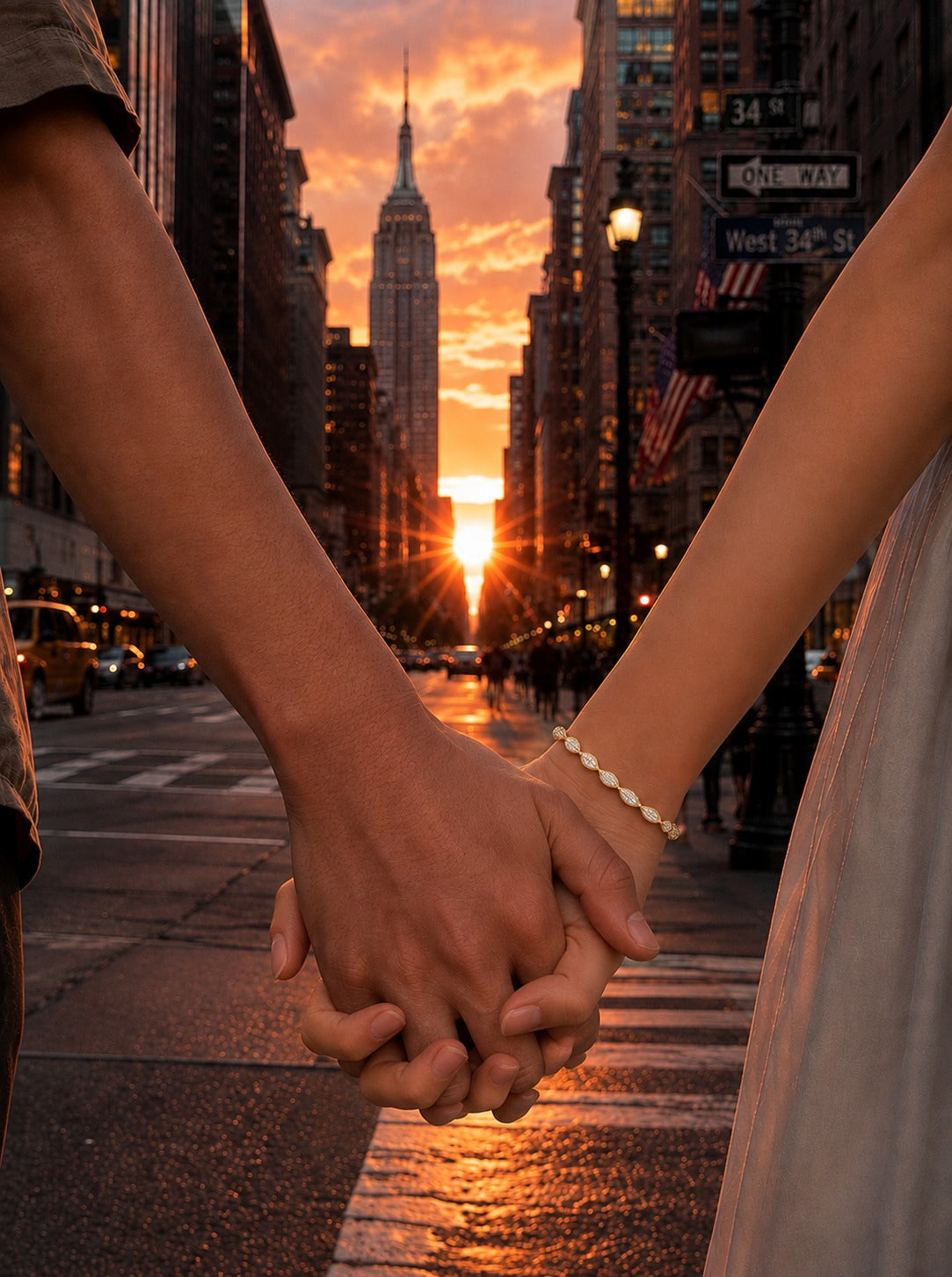 A couple holding hands in the crosswalk of New York City at sunset, with the Empire State Building and a golden street scene in the background.