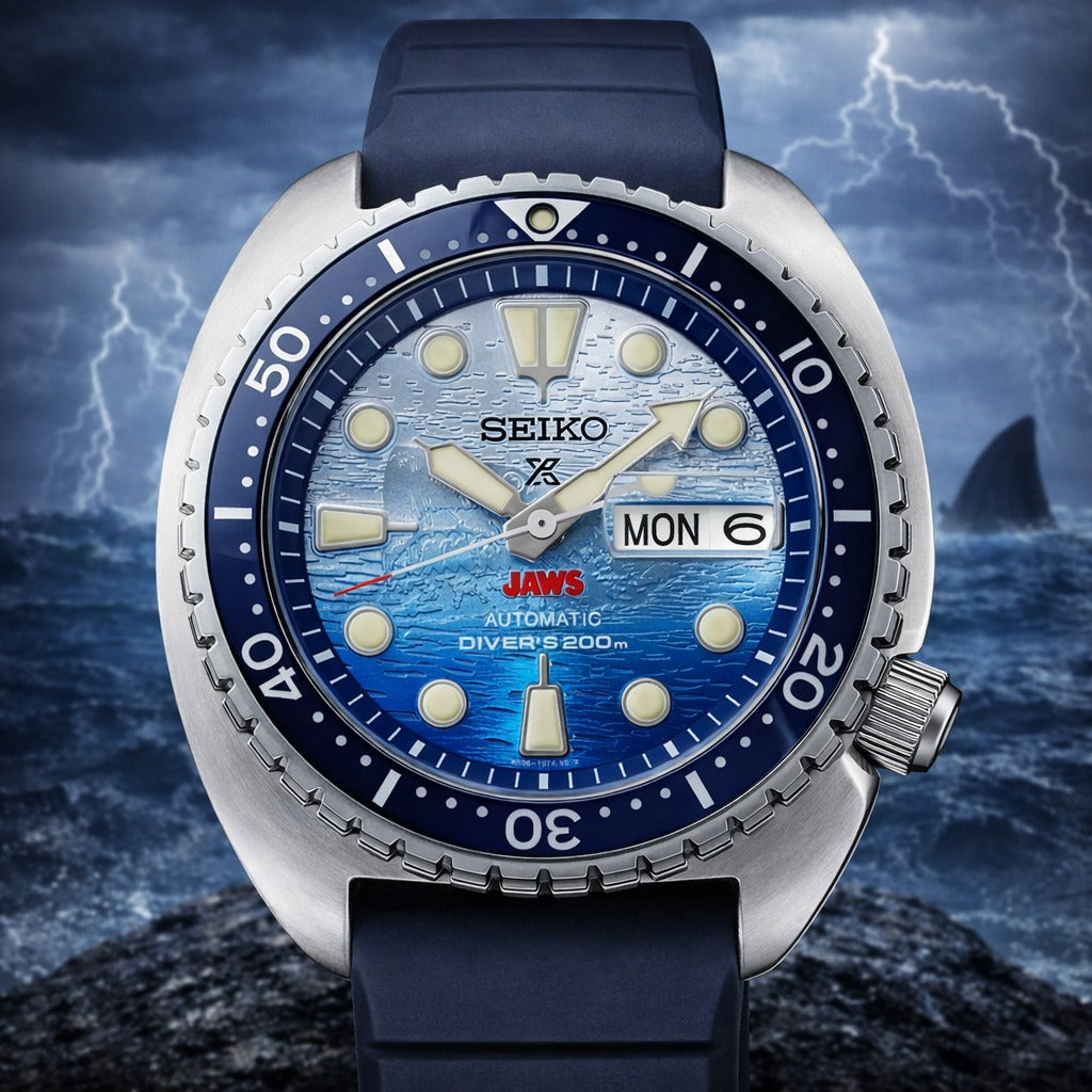 Seiko watch with shark and stormy ocean background