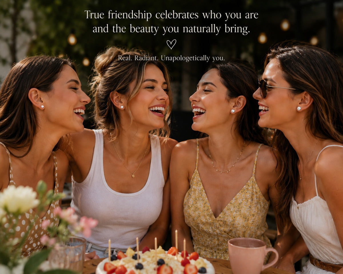 Four women laughing together with a quote about true friendship on a dark background