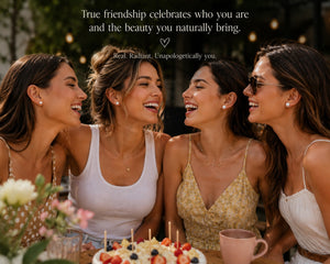 Four women laughing together with a quote about true friendship on a dark background
