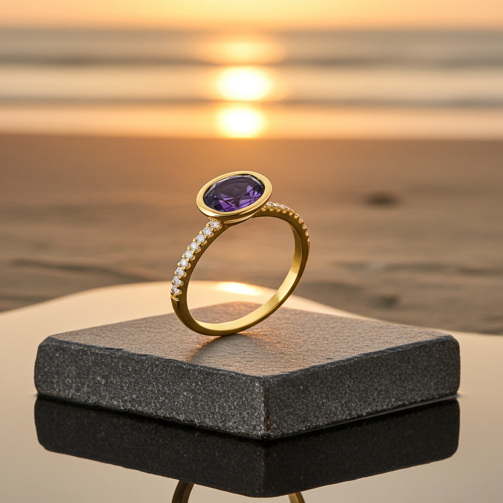 14K Yellow Gold Horizontal Oval Amethyst & Diamond Ring