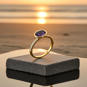 14K Yellow Gold Horizontal Oval Amethyst & Diamond Ring