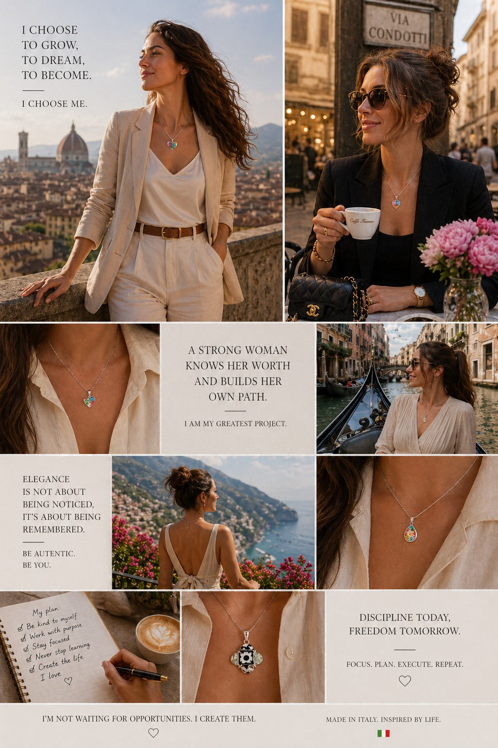 Collage of a woman in various settings with text and jewelry.