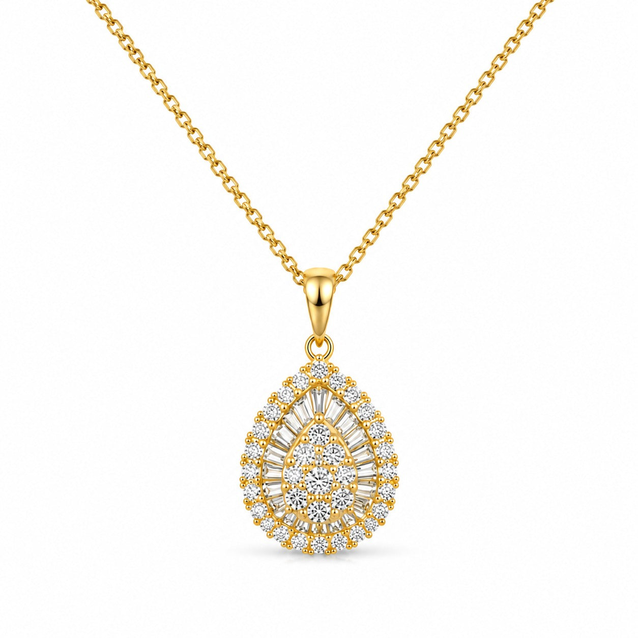 A gold teardrop pendant necklace featuring a halo of small clear stones around a central teardrop-cut stone, suspended from a delicate gold chain on a white background.