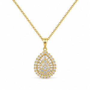 A gold teardrop pendant necklace featuring a halo of small clear stones around a central teardrop-cut stone, suspended from a delicate gold chain on a white background.