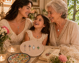 Three generations of women sitting together, smiling and looking at jewelry on a table.