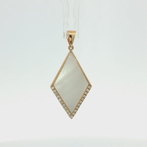 A gold pendant featuring a large, diamond-shaped white mother-of-pearl inlay bordered by small clear pavé stones, set against a plain white background.