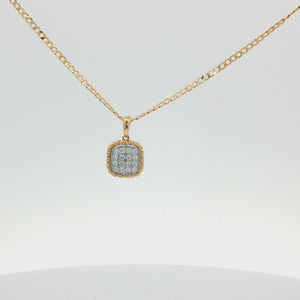 A gold chain necklace with a square pendant featuring a border of small clear stones and a central cluster of clear stones, shown on a plain white background.