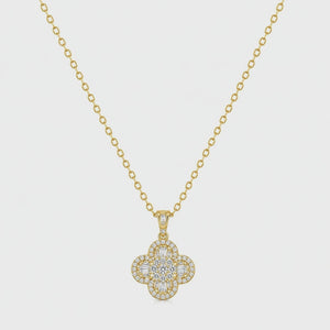 18K yellow gold four-leaf clover pendant necklace featuring brilliant round and baguette-cut diamonds on a delicate gold chain.