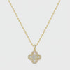 18K yellow gold four-leaf clover pendant necklace featuring brilliant round and baguette-cut diamonds on a delicate gold chain.