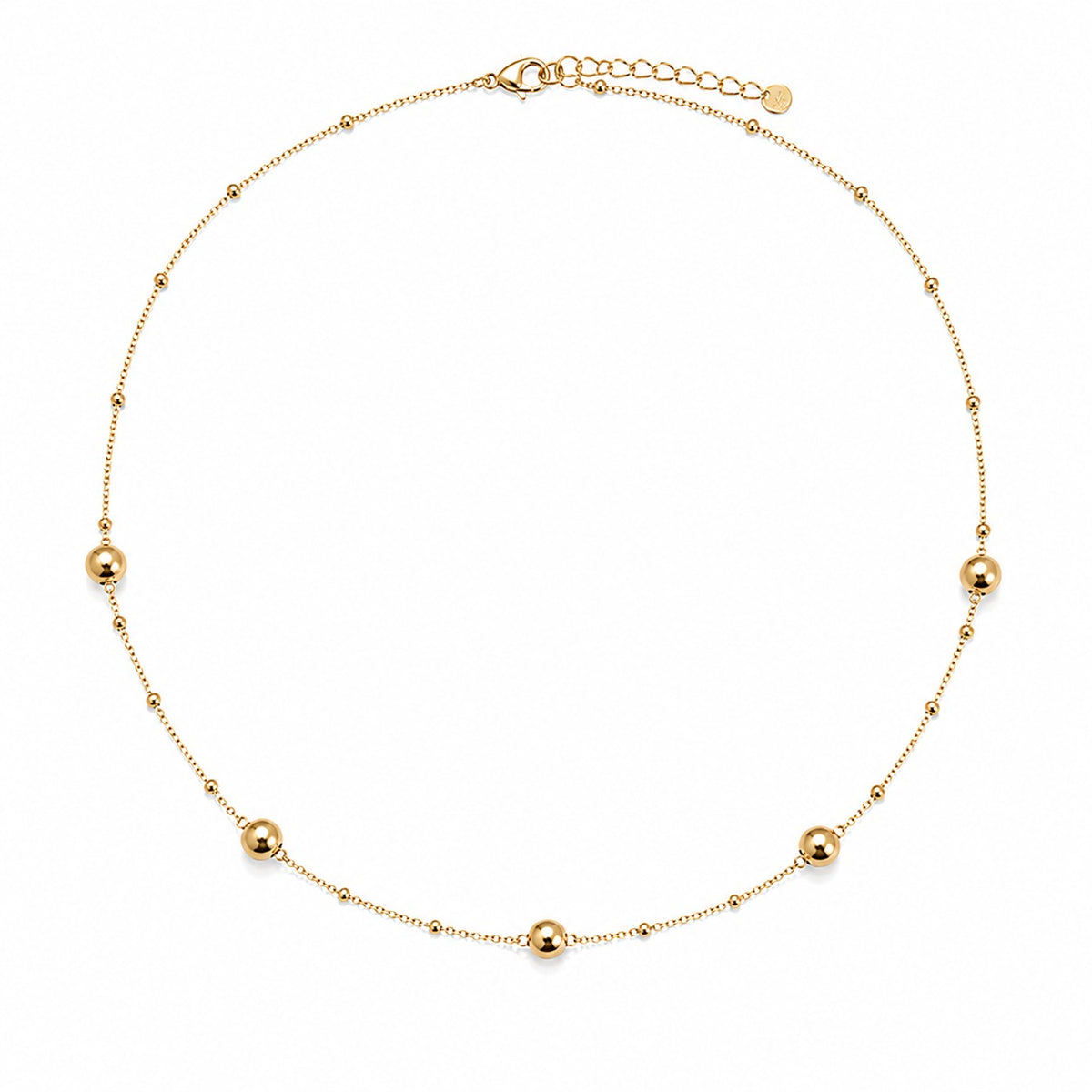 A delicate gold chain necklace featuring five evenly spaced, polished round bead accents, displayed on a clean white background.