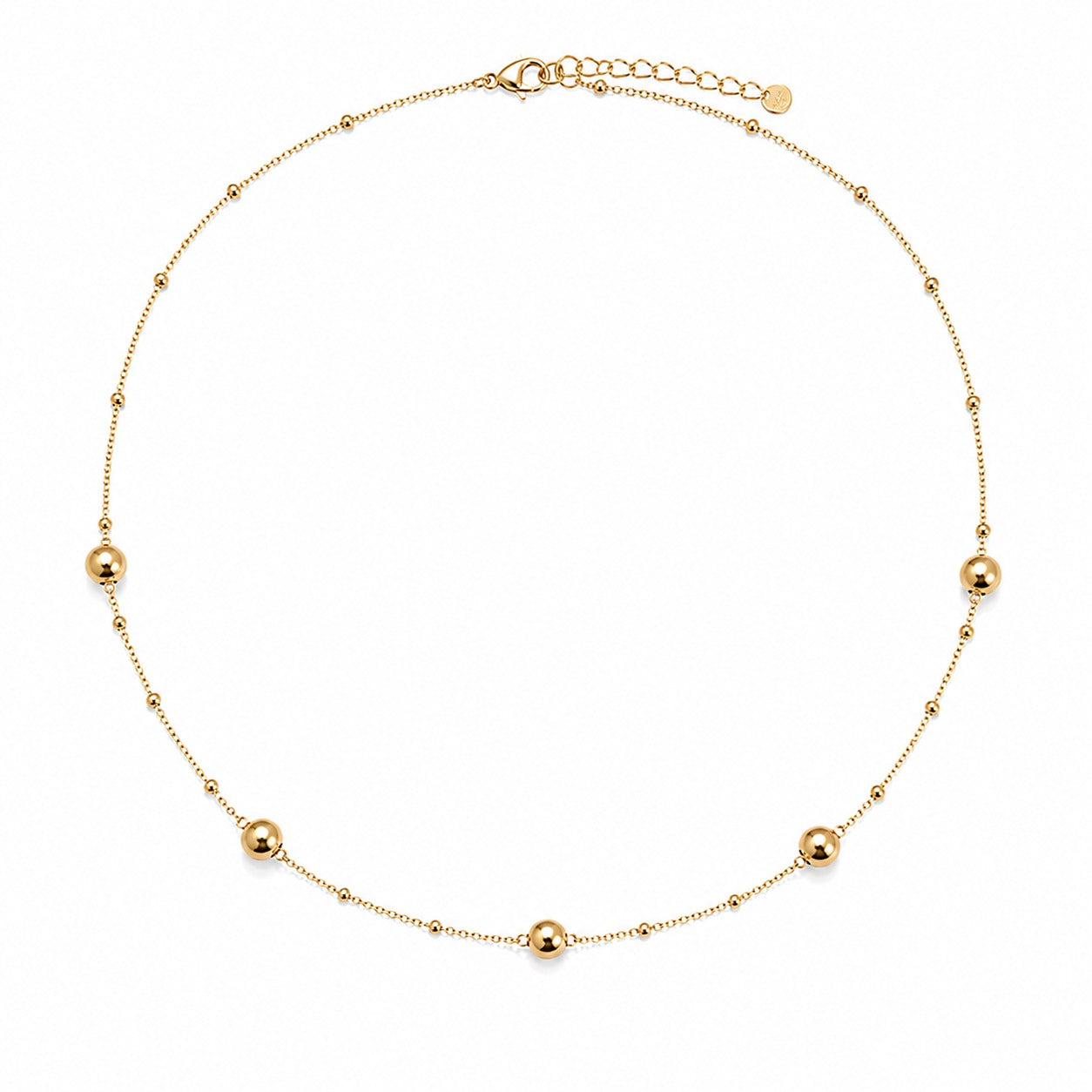 A delicate gold chain necklace featuring five evenly spaced, polished round bead accents, displayed on a clean white background.