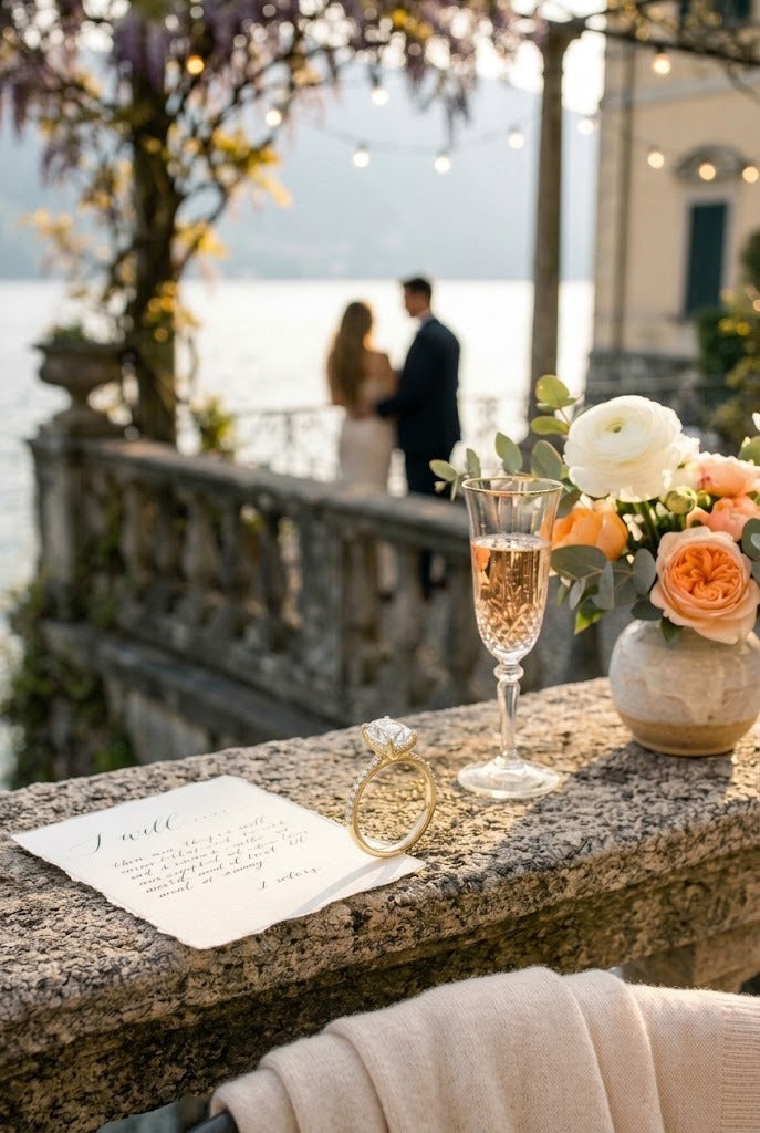 A wedding-themed outdoor scene by the water with a couple in the background, a champagne flute, a ring, a handwritten card, and a vase of peach and white flowers in the foreground on a stone ledge.