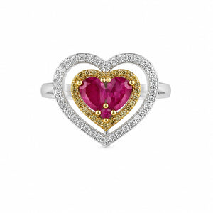 18K two-tone gold heart ring featuring two heart-shaped rubies surrounded by a yellow gold halo and an open white gold heart accented with sparkling diamonds.