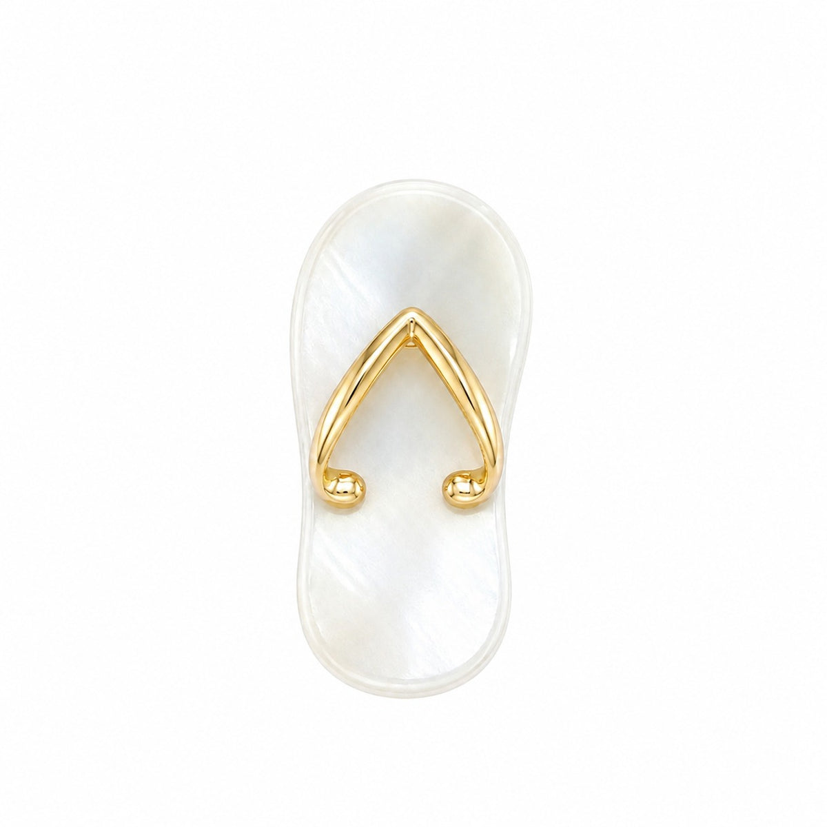 White flip-flop with gold toe strap on a white background